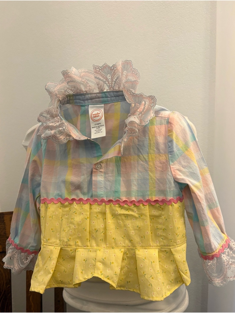 wonder nation Pastel Plaid Shirt with Lace Trim